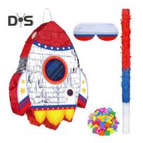 Pull String Rocket Ship Pinata Rocket Pinatas with Blindfold Bat Stick Confetti for Kids Space Themed Birthday Party Supplies Sets red