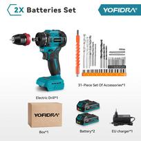 YOFIDRA 2 viename bešepetėlinis elektrinis suktuvas-atsuktuvas, smūginis gręžtuvas, belaidis, daugiafunkcis elektrinis įrankis 21V 18V baterijai 2x Battery-EU Plug