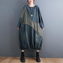 Vintage 2025 Spring Autumn Women Oversize Clothing Contrast Color Stitching Denim Dress Raw Edge Loose Long T Shirt Female Dresses M mėlyna