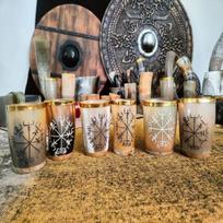 Set of 6 Viking Horn Glasses with Gold Rim Small Beer Whiskey Cups Vegvisir Symbol Drinkware Handmade Gift