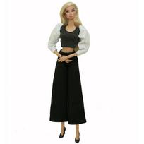 Madingas lėlių drabužių rinkinys Barbie lėlei Apranga 1/6 lėlėms Aksesuarai Barbie Žibintų rankovėmis viršus Plačios kelnės Kelnės Žaislas juoda/balta