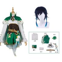 Venti Cosplay Costume  Impac Costume Wig Full Set Mondstadt Wind God Game Uniform Halloween Costumes for Women L-(Costume+Wig)