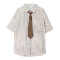 Women's Striped Shirt Casual Baggy Cardigan Short-sleeved Shirts Tops Preppy Style Vintage Harajuku Summer Clothing S