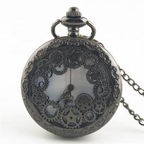 Steampunk vario senovinė tuščiavidurė pavara tuščiaviduris kvarcinis kišeninis laikrodis, kaklo pakabukas, laikrodžio grandinėlė vyrams, moterims juoda