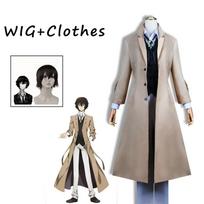 Anime Bungo Stray Dogs Dazai Osamu Cosplay Kostiumas Ilgas Striukė Paltai Tranšėjos Lipdukas Tvarsčio Kostiumai Uniforma Helovino Drabužiai L-(Full set+wig)