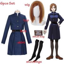 Anime Jujutsu Kaisen Kugisaki Nobara Cosplay Costume Wig Waist Bag Dress Halloween Christmas Party Uniform Girls Women wig shoes L-(Costume+Wig)