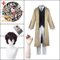 Dazai Osamu Cosplay Anime Bungo Stray Dogs Costume Long Jacket Coat Trench Sticker Bandage Suits Uniform Sets L-(Full set+wig)
