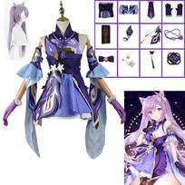 Keqing Cosplay Costumes Niform Wig Cosplay Anime Chinese Style Halloween Costumes for Women Purple Cosplay L-(Costume+Wig)