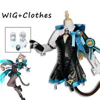 Lynette Cosplay Costume Wig Game Fontaine Lyney Leather Uniform Dress Long Hair Ears Skirt Glove Outfit Tail Magician Comic Con L-(Costume+Wig)