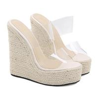 Vasarinis PVC skaidrus Peep Toe Nendrinių šiaudų pynimo platforma Pleištai Šlepetės Sandalai Moteriški madingi aukštakulniai moteriški batai 41 abrikosas