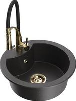 Granitinė virtuvinė plautuvė Mexen Diego su maišytuvu ir sifonu, Black granite/Black/Gold