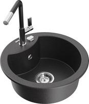 Granitinė virtuvinė plautuvė Mexen Diego su maišytuvu ir sifonu, Black granite/Black/Chrome