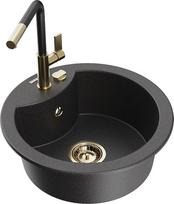 Granitinė virtuvinė plautuvė Mexen Diego su maišytuvu ir sifonu, Black granite/Black/Gold
