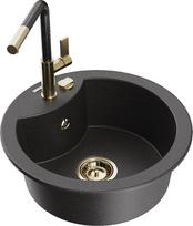 Granitinė virtuvinė plautuvė Mexen Diego su maišytuvu ir sifonu, Black granite/Gold
