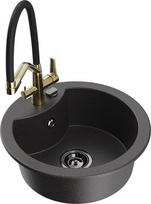 Granitinė virtuvinė plautuvė Mexen Diego su maišytuvu ir sifonu, Black granite/Black/Gold
