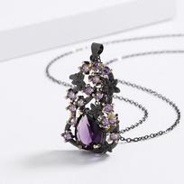 Elegant Purple Gems Womens Pendant Sweater Chain Black Gold Bicolor Jewelry Purple Flower Necklace Personality Jewelry Please consult customer service.