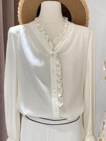 2025 Early Spring Women's French Double Crepe White Lace Shirt - 100% Mulberry Silk M (45-52.5 kg) pilkšvai balta