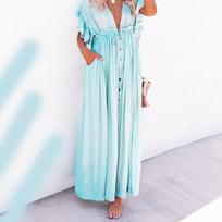 Women's Solid Color Beach Cover-up Long Dress Sun Shirt Summer Seaside Vacation Clothes one size