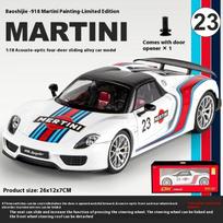 1:18 mastelio Porsche 918 Martini Racing lydinio automobilio modelis su garso efektais, autentiškos detalės vaikams ir kolekcionieriams, lenktynių replika balta