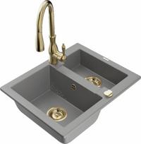 Granitinė virtuvinė plautuvė Mexen Carlos su maišytuvu ir sifonu, Grey/Gold