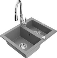 Granitinė virtuvinė plautuvė Mexen Carlos su maišytuvu ir sifonu, Grey/Chrome