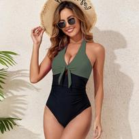 New Sexy One Piece Swimwear Women Color Block Halter Swimsuit Push Up Bathing Suit High Waist Bodysuit S žalia