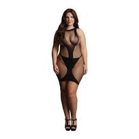 Le Désir by Shots Leg Avenue Plus Size High Neck Net Mini Dress with V Accent, Black