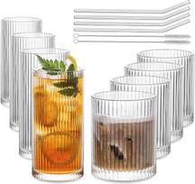 INSETLAN briaunotų geriamųjų stiklinių rinkinys iš 8 dalių - 4 stiklinės "Highball" 370 ml ir 4 stiklinės "Rocks" 410 ml Senovinės stiklinės, idealiai tinkančios vynui, sultims, vandeniui, šaltai kavai, viskiui, kokteiliams (370 ir 410 ml)