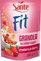 Granola be cukraus SANTE Fit su braškėmis ir vyšniomis, 300 g