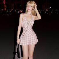 Plaid Halter Dress Lace-up V-neck Sleeveless Mini Dress L