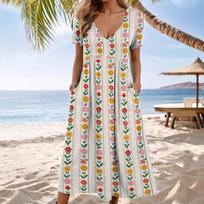Boho Vasarinė Suknelė Moterims - V formos iškirptė, trumpos rankovės, gėlėtas raštas, paplūdimio atostogoms, laisvo kirpimo, pralaidi orui, ilga S