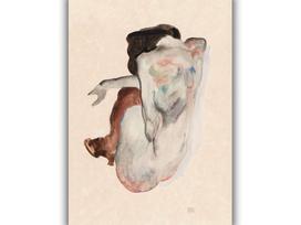 Reprodukcija „Pritūpusi nuoga moteris su bateliais ir juodomis kojinėmis“, Egon Schiele (1912)