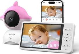 WUUK 4 MP kūdikių monitorius su kamera, 5,5 colių ekranas ir 360° kamera, dirbtinis veido aptikimas, naktinis matymas, 3700 mAh baterija, temperatūros ir drėgmės matavimas, garso ir judesio signalas, 2,4/5 GHz