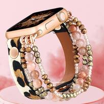 Leather Strap For Apple Watch Series 10 42mm 46mm Band 40mm 38mm 41mm Women Elastic Beaded Bracelet Iwatch Ultra 49mm 9 8 7 6 SE 5 4 3 45mm 44mm 38mm 40mm 41mm
