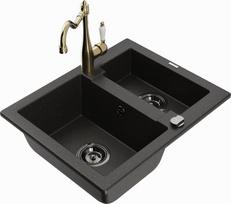 Granitinė virtuvinė plautuvė Mexen Carlos su maišytuvu ir sifonu, Metallic black/gold+Gold