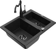 Granitinė virtuvinė plautuvė Mexen Carlos su maišytuvu ir sifonu, Metallic black/gold/black
