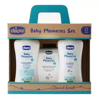 CHICCO_SET Baby Moments vonios losjonas 200ml + šampūnas 200ml + parfumuotas vanduo 100ml