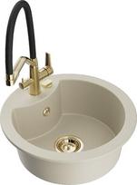 Granitinė virtuvinė plautuvė Mexen Diego su maišytuvu ir sifonu, Beige/Black/Gold