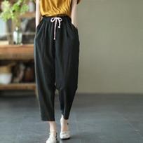 Vasaros laisvalaikio medvilninės lininės kelnės moterims retro kišenės laisvos haremo kelnės moterims tvirtos elastingos juosmens kelnės moterims M black