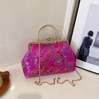 SCIONE Chinese Style Shell Bag Embroidered Printed Chain Bag Flower Studded Handbag Fashion Versatile Shoulder Bag Women Crossbody Bag rožinė