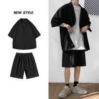 M-5XL Didelio dydžio korėjietiško stiliaus berniukų kostiumo marškinėliai + šortai TWO Pic Solid Thin Streetwear paauglių kišenėje iki kelių vasariniai kostiumai vyrams 2XL juoda