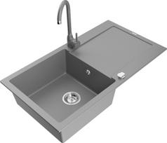 Granitinė virtuvinė plautuvė Mexen Leo su maišytuvu ir sifonu, Grey