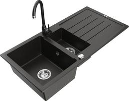 Granitinė virtuvinė plautuvė Mexen Andres su maišytuvu ir sifonu, Metallic black/gold+Black