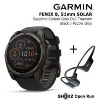 GARMIN Fenix 8 51 mm, Solar, Sapphire Carbon + SHOKZ Open Run Black sportinis laikrodis 010-02907-11 / S805-ST-BK