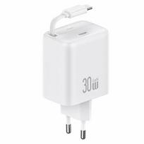 USAMS Network charge. 1xUSB-C with retractable cable, USB-C retractable PD+QC 30W Gan fast charging, white/white, YC Series CC241TC02 (US-CC241)