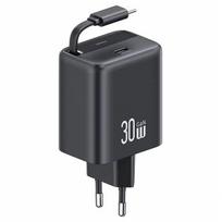 USAMS Network charge. 1xUSB-C with retractable cable, USB-C retractable PD+QC 30W Gan fast charging, black/black, YC Series CC241TC01 (US-CC241)
