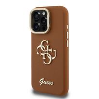 Guess PU Grained 4G Logo Stand Camera Frame dėklas skirtas Apple iPhone 15 Pro Max rudos spalvos
