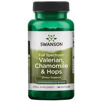 "SWANSON Full Spectrum Valerian, Chamomile & Hops" - Valerijonas + ramunėlės + apyniai (60 kapsulių).