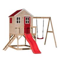 Medinė vaikų žaidimų aikštelė su čiuožykla ir sūpynėmis, Wendi Toys M24R, raudona, 330 x 350 x 242 cm