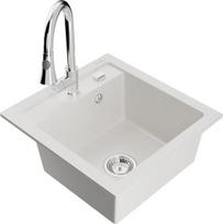 Granitinė virtuvinė plautuvė Mexen Vito su maišytuvu ir sifonu, White+Chrome